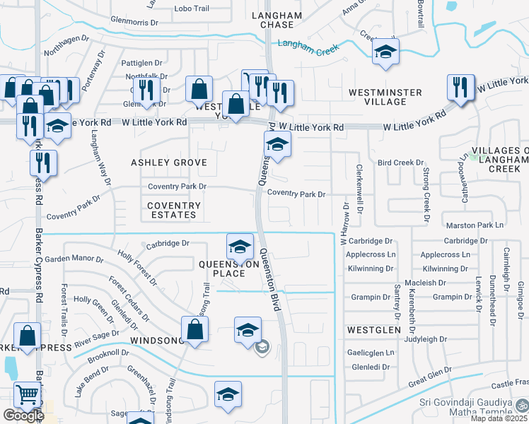 map of restaurants, bars, coffee shops, grocery stores, and more near 5719 Brookhollow Pine Tr in Houston