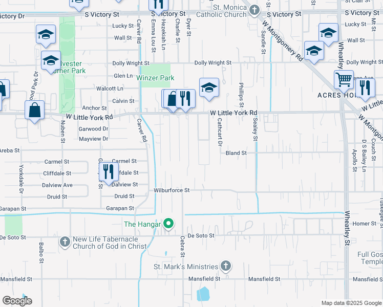 map of restaurants, bars, coffee shops, grocery stores, and more near 6626 Mcwilliams Drive in Houston