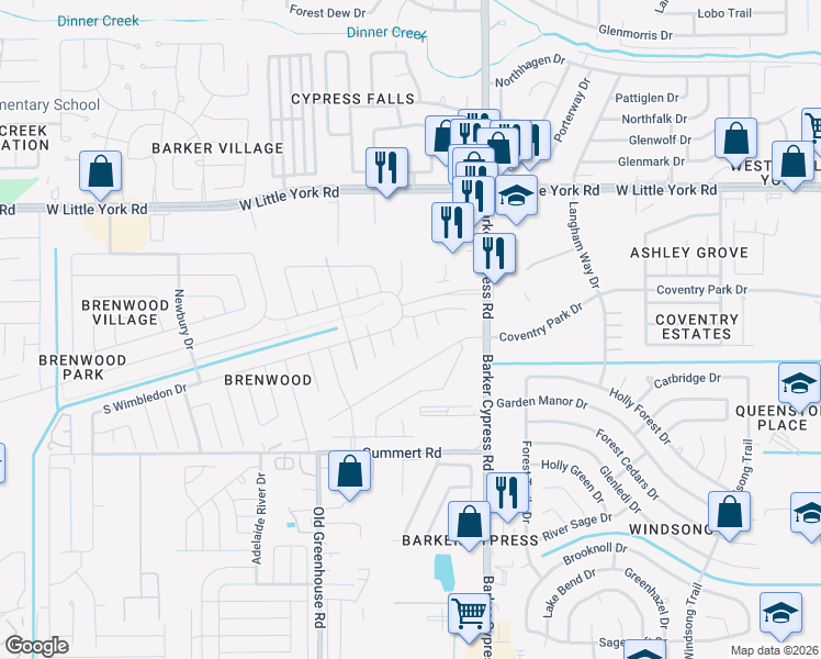 map of restaurants, bars, coffee shops, grocery stores, and more near 6035 Wesley Manor Court in Katy