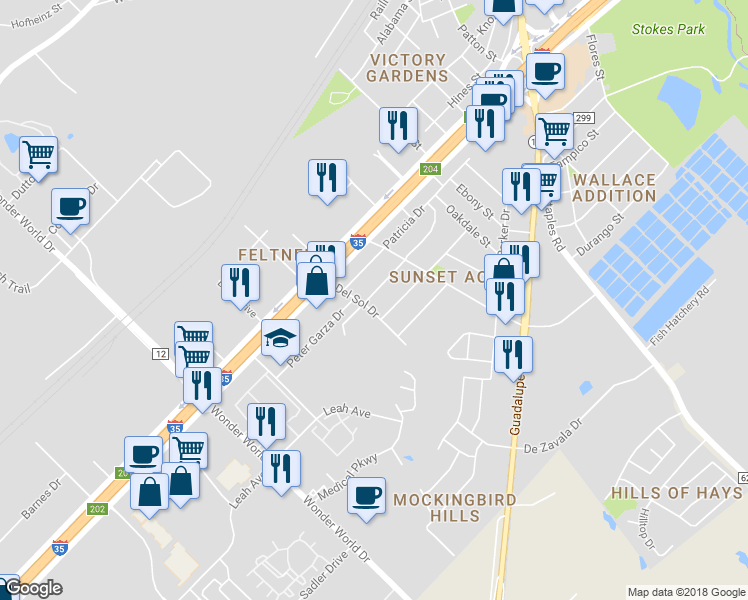map of restaurants, bars, coffee shops, grocery stores, and more near 519 Candlelight Lane in San Marcos