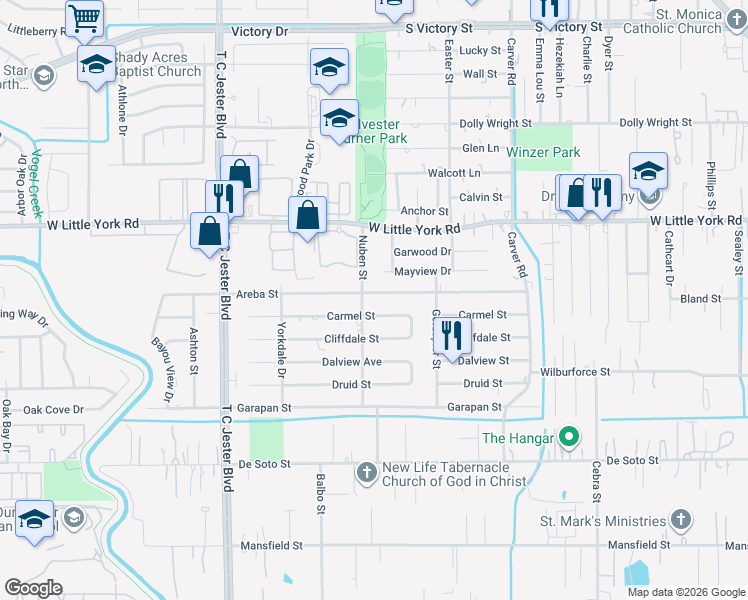 map of restaurants, bars, coffee shops, grocery stores, and more near 2715 Areba Street in Houston