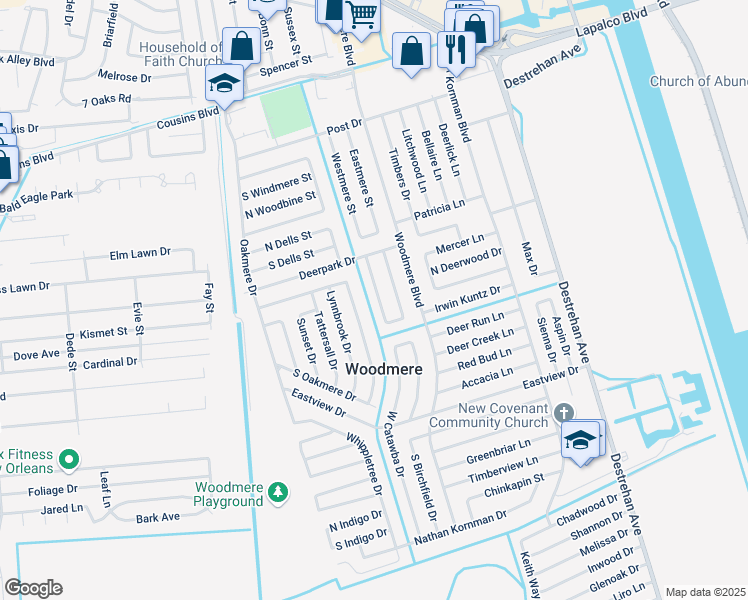 map of restaurants, bars, coffee shops, grocery stores, and more near 2436 West Sunny Meade Drive in Harvey