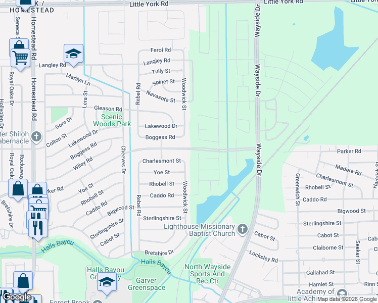map of restaurants, bars, coffee shops, grocery stores, and more near 7742 Parker Road in Houston