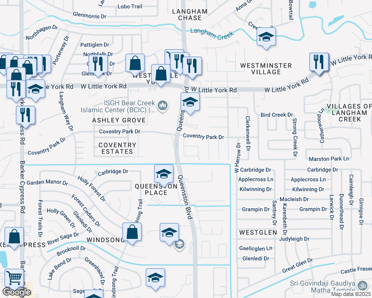 map of restaurants, bars, coffee shops, grocery stores, and more near 17215 Hollow Sands Court in Houston