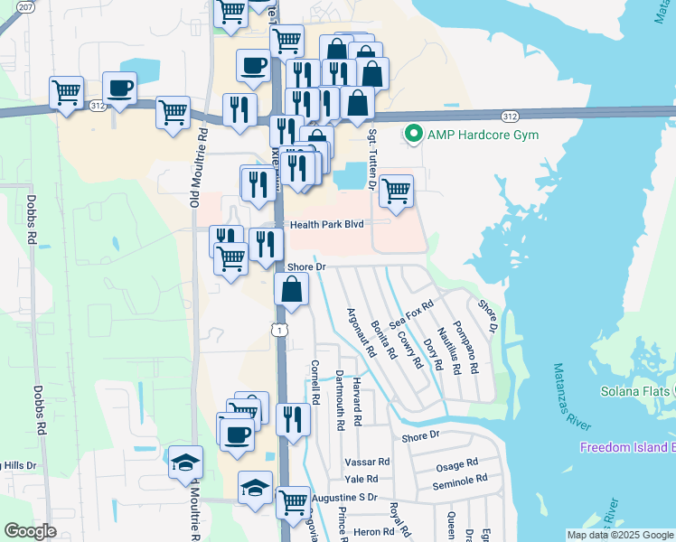 map of restaurants, bars, coffee shops, grocery stores, and more near 302 Shore Drive in St. Augustine