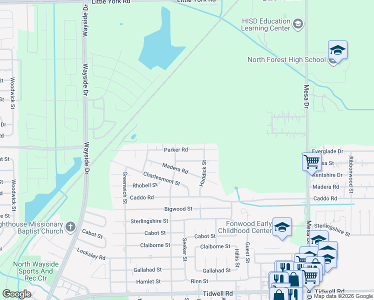 map of restaurants, bars, coffee shops, grocery stores, and more near 8326 Parker Road in Houston