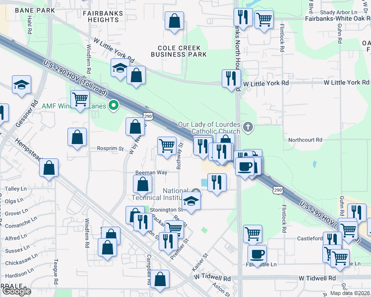map of restaurants, bars, coffee shops, grocery stores, and more near 6300-6498 Rothway St in Houston