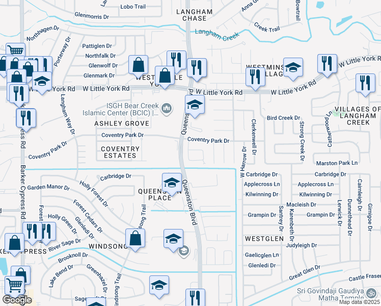 map of restaurants, bars, coffee shops, grocery stores, and more near 17215 Hollow Sands Court in Houston