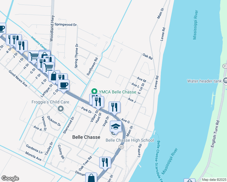 map of restaurants, bars, coffee shops, grocery stores, and more near 400 Pavlas Place in Belle Chasse