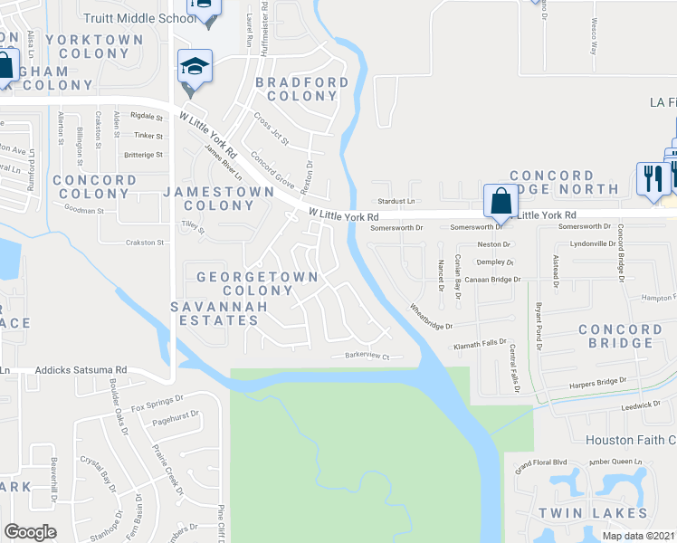 map of restaurants, bars, coffee shops, grocery stores, and more near 14307 South Stoneygrove Loop in Houston