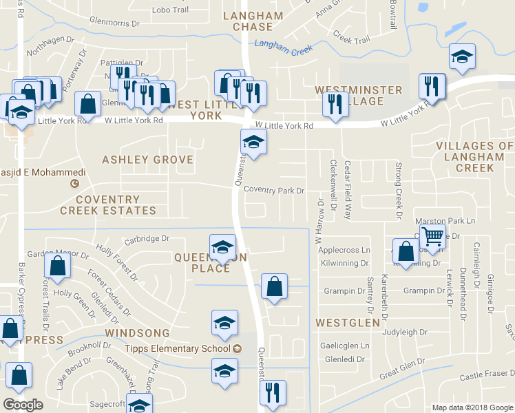 map of restaurants, bars, coffee shops, grocery stores, and more near 17215 Hollow Sands Court in Houston