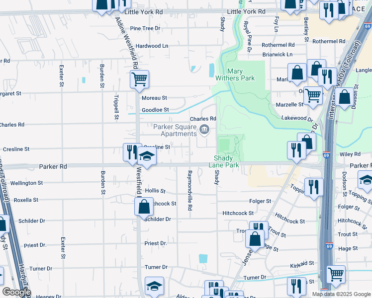 map of restaurants, bars, coffee shops, grocery stores, and more near 10225 Raymondville Road in Houston