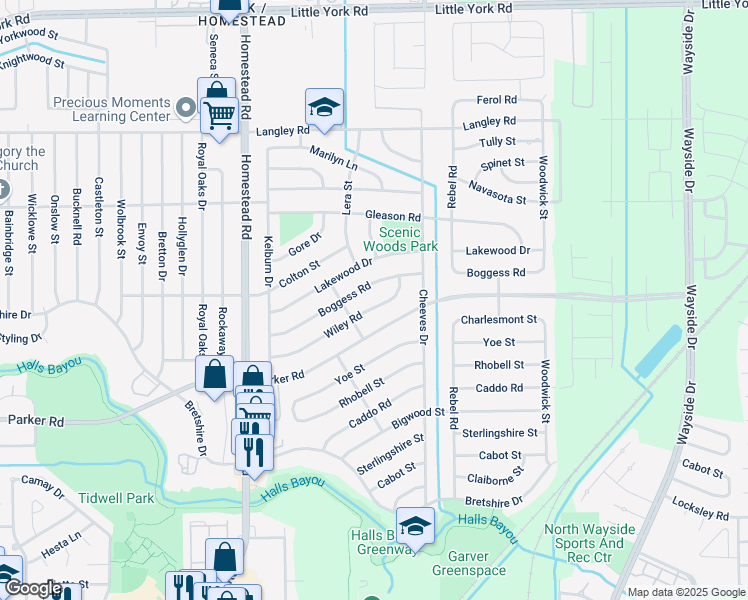 map of restaurants, bars, coffee shops, grocery stores, and more near 7325 Wiley Rd in Houston