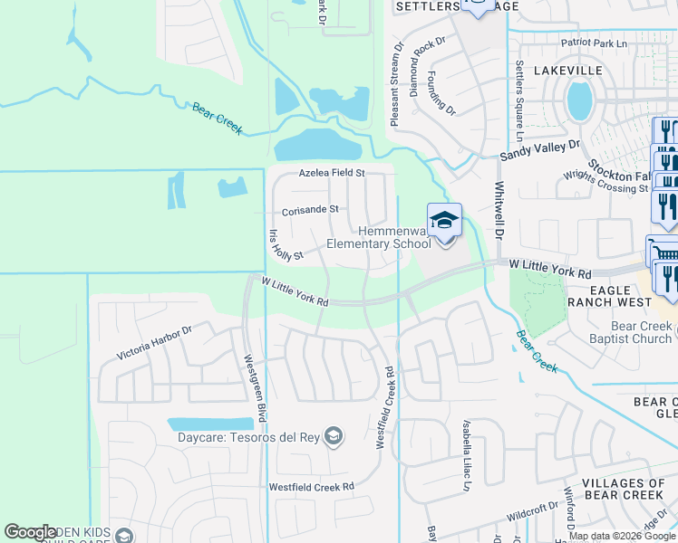 map of restaurants, bars, coffee shops, grocery stores, and more near 21007 Iris Holly Street in Katy