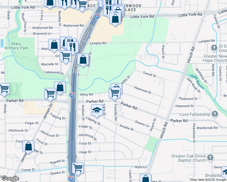map of restaurants, bars, coffee shops, grocery stores, and more near 4010 Wiley Road in Houston