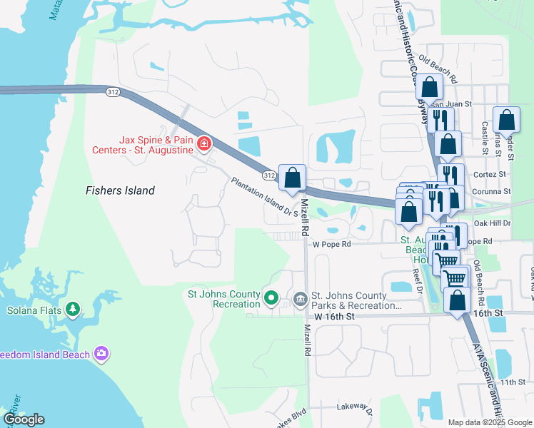 map of restaurants, bars, coffee shops, grocery stores, and more near 30 Hannah Cole Drive in St. Augustine