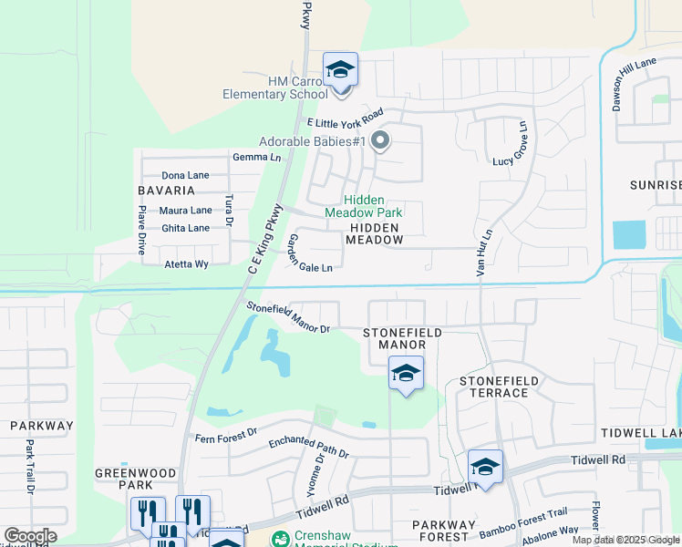 map of restaurants, bars, coffee shops, grocery stores, and more near 12538 Garden Gale Lane in Houston