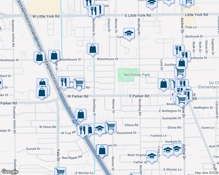 map of restaurants, bars, coffee shops, grocery stores, and more near 137 East Rocky Creek Road in Houston