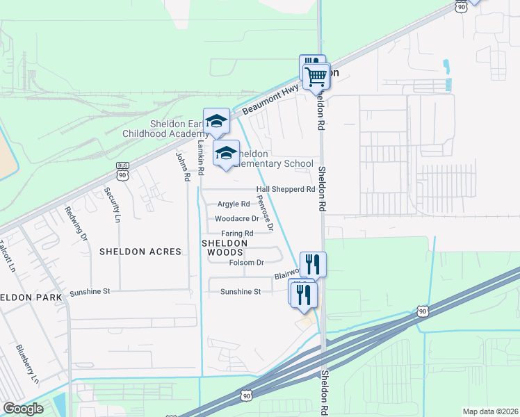 map of restaurants, bars, coffee shops, grocery stores, and more near 9218 Penrose Drive in Houston