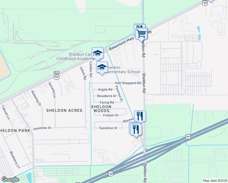 map of restaurants, bars, coffee shops, grocery stores, and more near 17023 Woodacre Drive in Houston