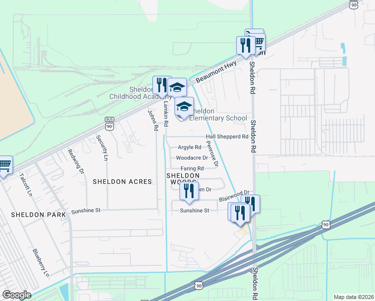 map of restaurants, bars, coffee shops, grocery stores, and more near 17023 Argyle Road in Houston