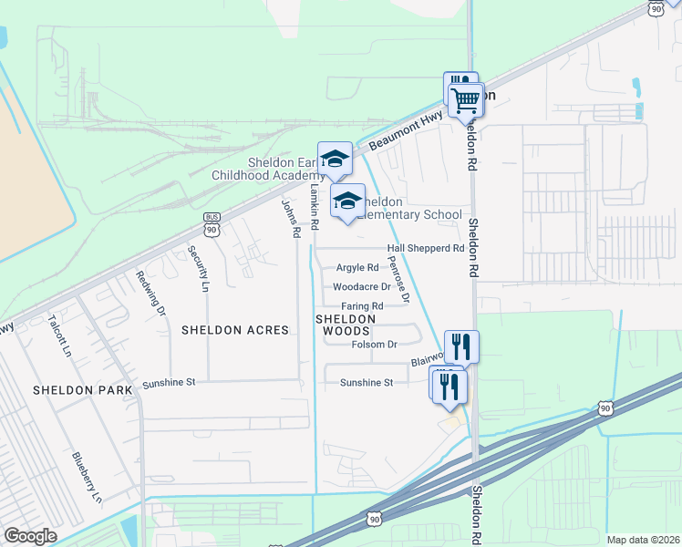 map of restaurants, bars, coffee shops, grocery stores, and more near 16915 Woodacre Drive in Houston