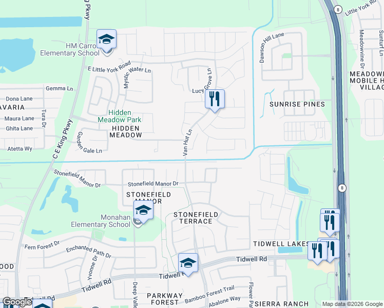map of restaurants, bars, coffee shops, grocery stores, and more near 9706 Vanessa Glen Court in Houston