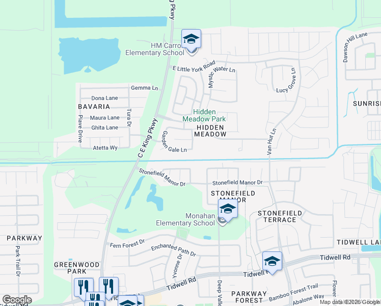 map of restaurants, bars, coffee shops, grocery stores, and more near 12542 Garden Gale Lane in Houston