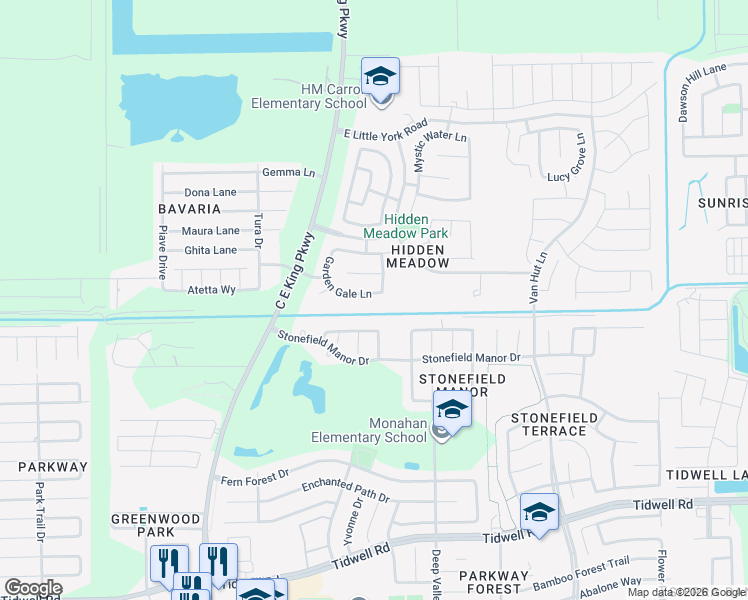 map of restaurants, bars, coffee shops, grocery stores, and more near 12542 Garden Gale Lane in Houston