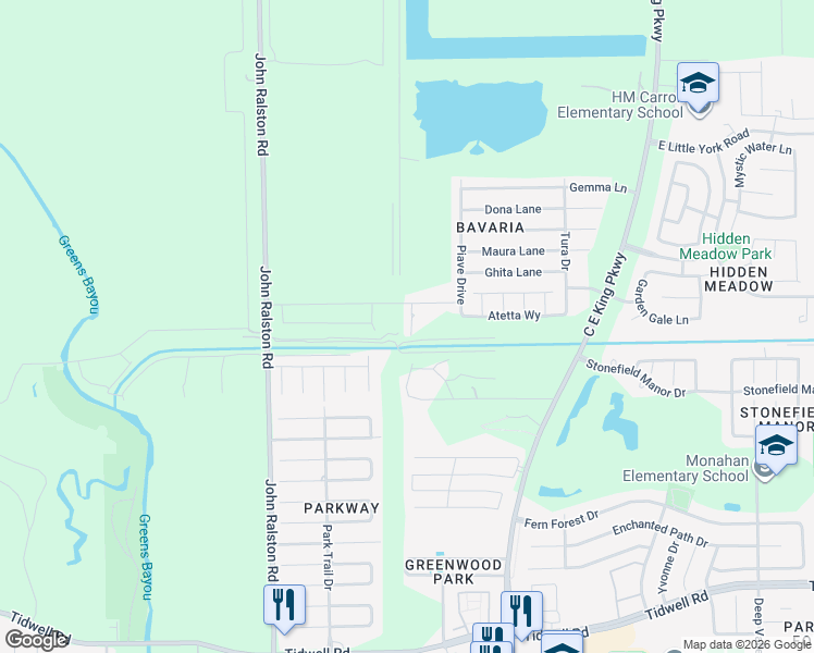 map of restaurants, bars, coffee shops, grocery stores, and more near 9607 Fabia Court in Houston