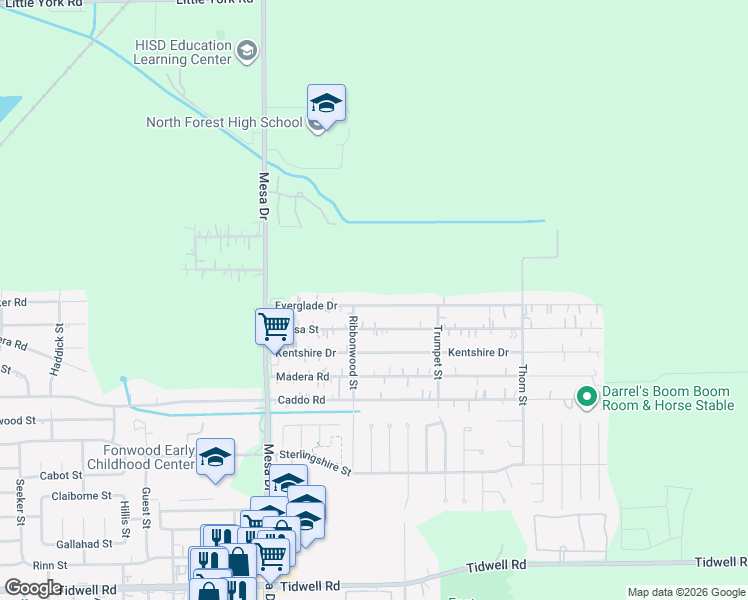 map of restaurants, bars, coffee shops, grocery stores, and more near 9025 Everglade Drive in Houston