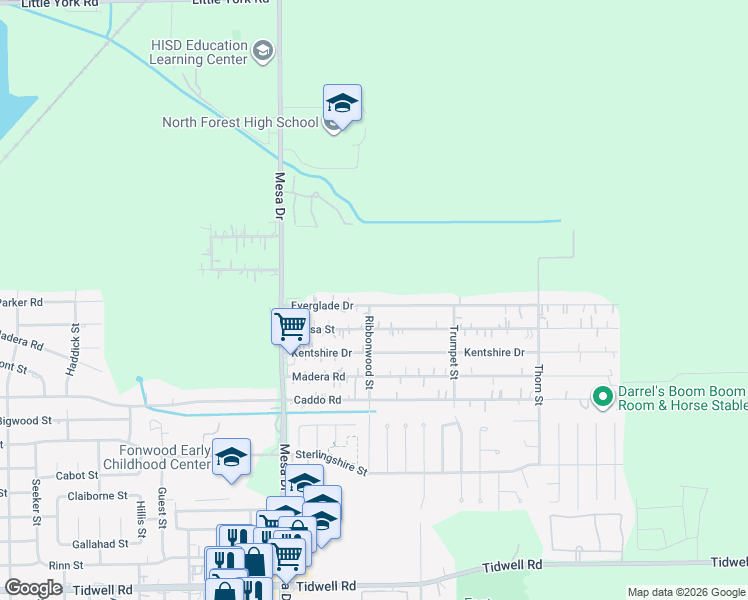 map of restaurants, bars, coffee shops, grocery stores, and more near 8934 Everglade Drive in Houston