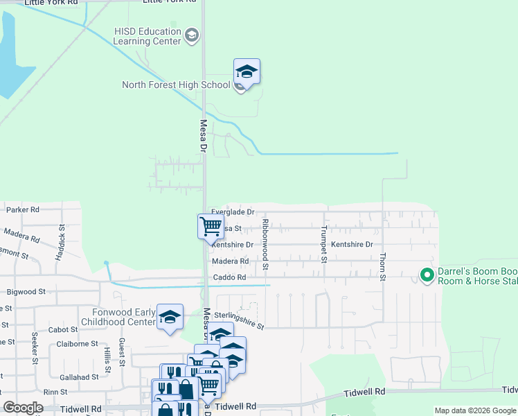 map of restaurants, bars, coffee shops, grocery stores, and more near 8934 Everglade Drive in Houston