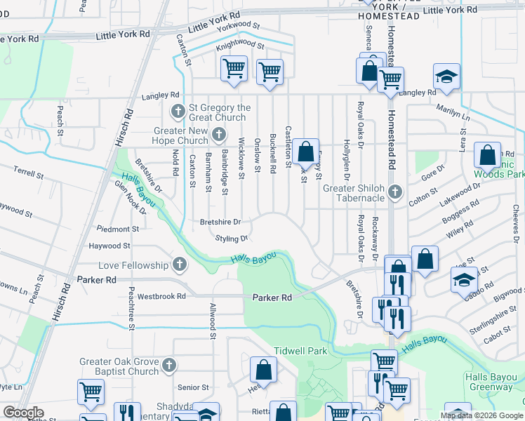 map of restaurants, bars, coffee shops, grocery stores, and more near 5601 Bretshire Drive in Houston