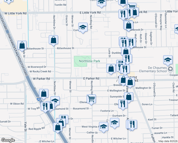 map of restaurants, bars, coffee shops, grocery stores, and more near 6724-6778 Nordling Road in Houston