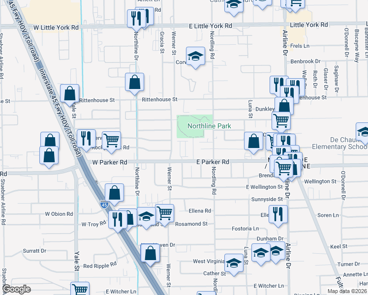 map of restaurants, bars, coffee shops, grocery stores, and more near 6814 Werner Street in Houston