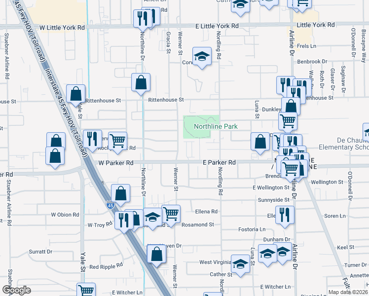 map of restaurants, bars, coffee shops, grocery stores, and more near 6814 Werner Street in Houston