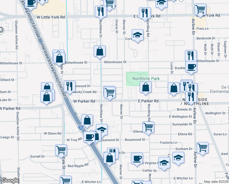 map of restaurants, bars, coffee shops, grocery stores, and more near 137 East Rocky Creek Road in Houston