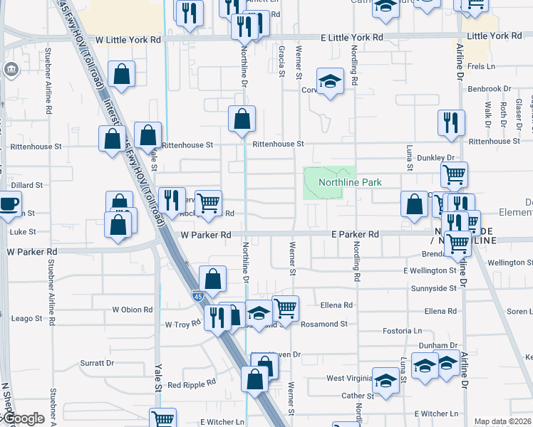 map of restaurants, bars, coffee shops, grocery stores, and more near 110 East Rocky Creek Road in Houston
