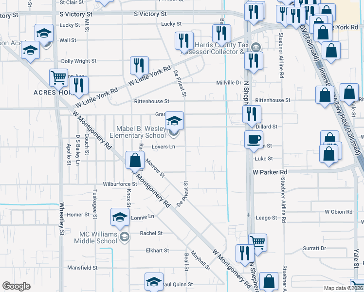 map of restaurants, bars, coffee shops, grocery stores, and more near 6626 De Priest Street in Houston