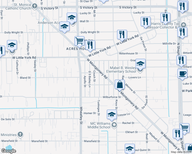 map of restaurants, bars, coffee shops, grocery stores, and more near 6613 Couch Street in Houston