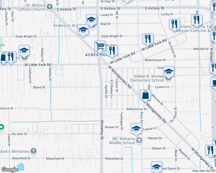 map of restaurants, bars, coffee shops, grocery stores, and more near 6629 Apollo Street in Houston