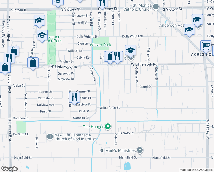 map of restaurants, bars, coffee shops, grocery stores, and more near 6626 Bunche Drive in Houston