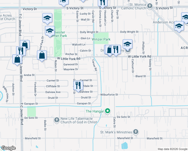 map of restaurants, bars, coffee shops, grocery stores, and more near 2417 Areba Street in Houston