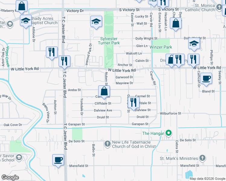 map of restaurants, bars, coffee shops, grocery stores, and more near 2715 Areba Street in Houston