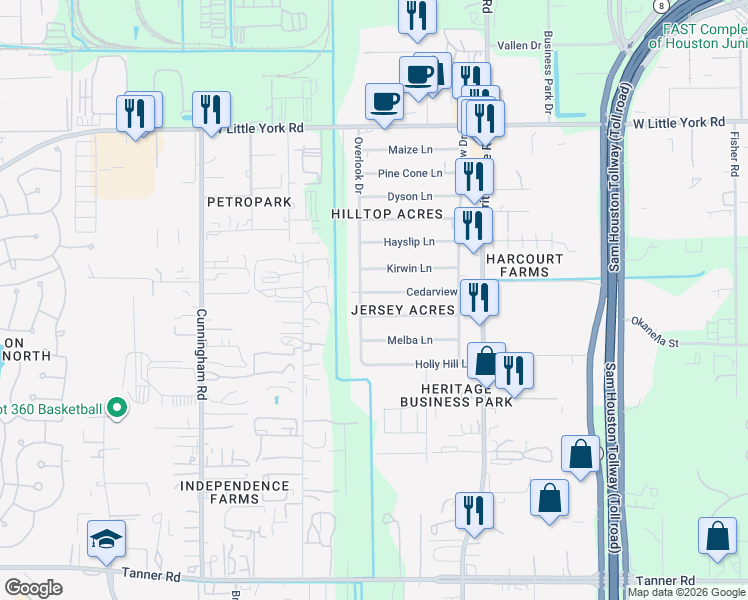 map of restaurants, bars, coffee shops, grocery stores, and more near 11130 Sherry Lane in Houston