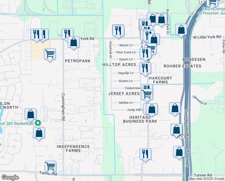 map of restaurants, bars, coffee shops, grocery stores, and more near 11130 Sherry Lane in Houston