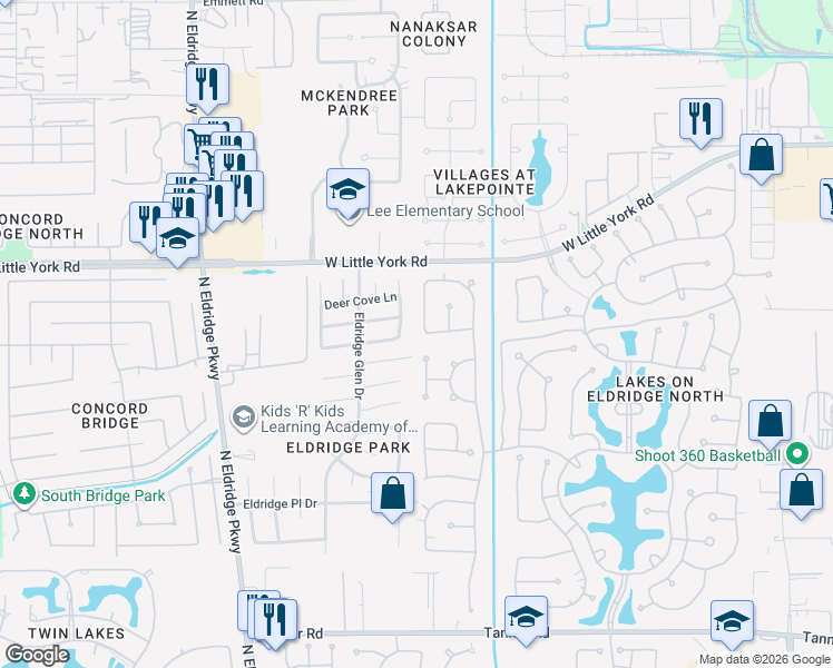 map of restaurants, bars, coffee shops, grocery stores, and more near 12431 Rosa Ridge Lane in Houston
