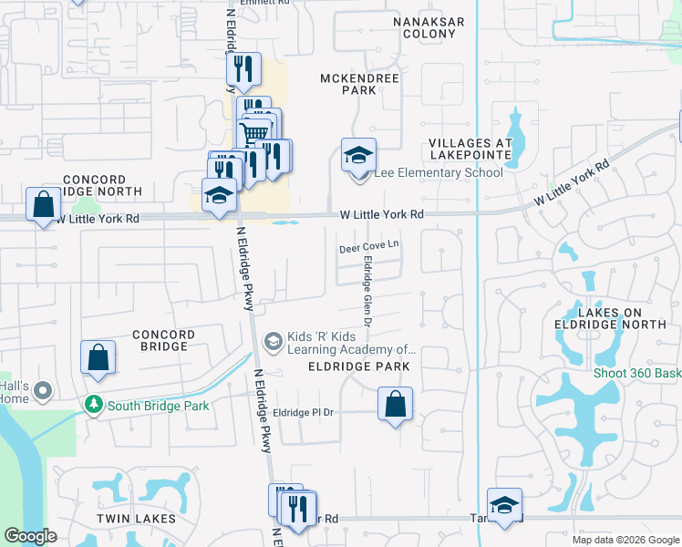 map of restaurants, bars, coffee shops, grocery stores, and more near 6115 Dove Fern Court in Houston