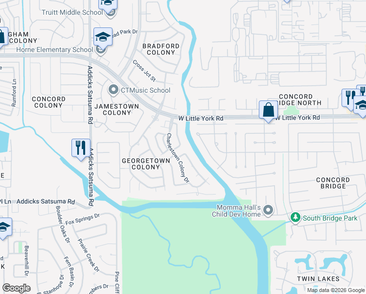 map of restaurants, bars, coffee shops, grocery stores, and more near 14307 South Stoneygrove Loop in Houston